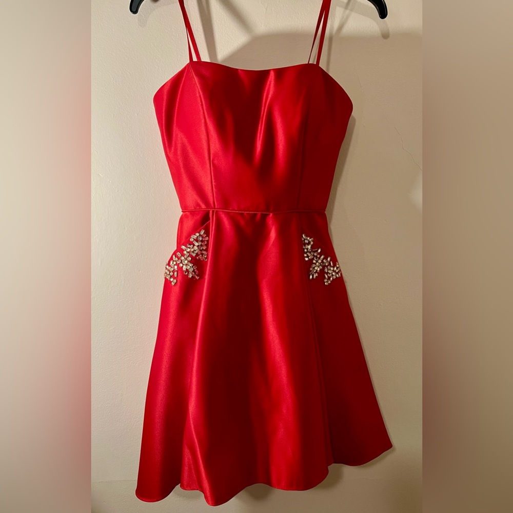 Blondie Nites Red Strapless Rhinestone Pocket Dress